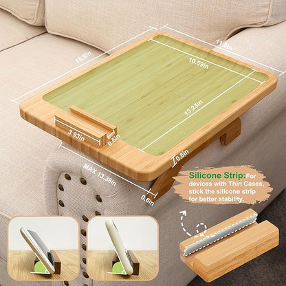 SINWANT Couch Arm Tray Table, Large Space 15.75"x 11.8" Bamboo Couch Armrest Table with 360° Rotating Phone Holder,Foldable Sofa Armrest Tray for Eating Snacks Drinks Remote Books