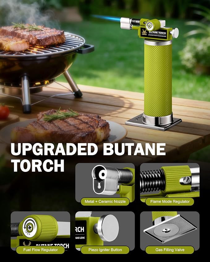RAVS DUAL Flame Mode Butane Torch Lighter, Refillable Kitchen Torch, Metal Body Creme Brulee Torch for Baking, Cooking, Resin Art with Adjustable Flame, Green Soldering Torch, Butane Gas Not Included