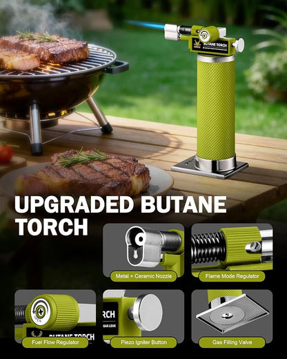 RAVS DUAL Flame Mode Butane Torch Lighter, Refillable Kitchen Torch, Metal Body Creme Brulee Torch for Baking, Cooking, Resin Art with Adjustable Flame, Green Soldering Torch, Butane Gas Not Included