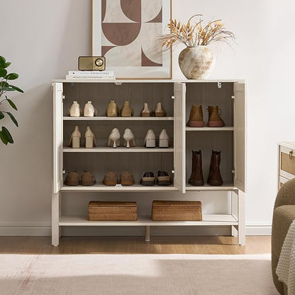 SICOTAS Rattan Shoe Cabinet with Storage - 30 Pairs Boho Shoe Organizer with 3 Doors & Adjustable Shelves, Large Farmhouse Shoe Rack Cabinet for Entryway, Hallway, Living Room (White)