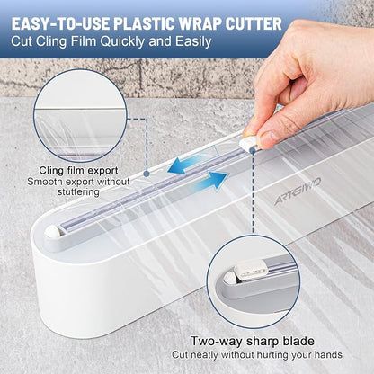 Magnetic Refillable Plastic Wrap Dispenser With Cutter, Tin Aluminum Foil Dispenser with Cutter, Sturdy Food Cling Wrap Film Cutter, 12 Inch X 328 Feet Plastic Wrap Included…
