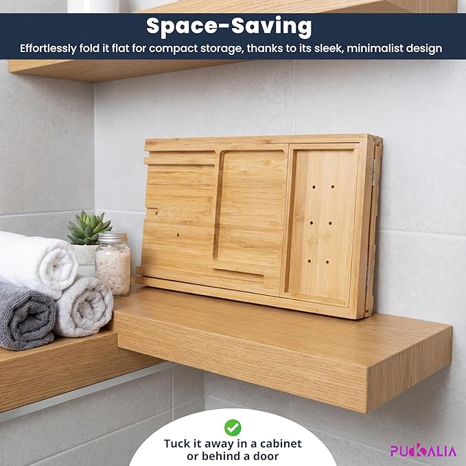 Bath Tray for Tub and Ergonomic Pillow Premium - Caddy Foldable 29 to 43 Inch - Bamboo Wood Tub Organizer - Luxury Bathtub Tray - Bathroom Accessories for Mothers, Birthday Gifts for Mom