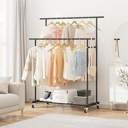 Calmootey Double Rod Clothing Garment Rack,Rolling Hanging Clothes Rack,Portable Clothes Organizer for Bedroom,Living Room,Clothing Store,Black