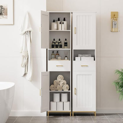 Homhedy 67" H Bathroom Storage Cabinet, Tall Storage Cabinet with Adjustable Shelves, Freestanding Cabinet with Doors and Drawer, Narrow Cabinet for Bathroom, Living Room, Kitchen, Dining Room, White