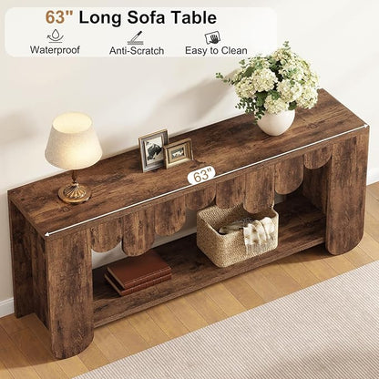 IBF Rustic Long Console Table, 63” Farmhouse Entryway Table with Storage, 2-Tier Wood Rectangular Sofa Table Behind Couch, Modern Entry Table for Hallway Entrance Foyer Home Living Room, Rustic Brown