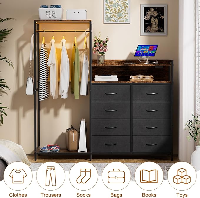 58" H Dresser for Bedroom with Hanging Rack,8 Drawers Freestanding Clothing Rack, Large Capacity Storage Organizer with USB Charging Station & LED Lights for Bedroom Dorm Room Apartment,Grey