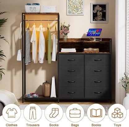 58" H Dresser for Bedroom with Hanging Rack,8 Drawers Freestanding Clothing Rack, Large Capacity Storage Organizer with USB Charging Station & LED Lights for Bedroom Dorm Room Apartment,Grey