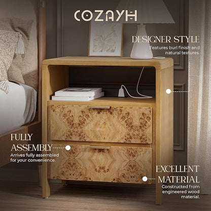 COZAYH Farmhouse Nightstand with Charging Station, Side Table with Power Outlet and USB & Type C Ports, Wood Bedside Table for Bedroom, Fully Assembled, Rustic, Natural, Burl