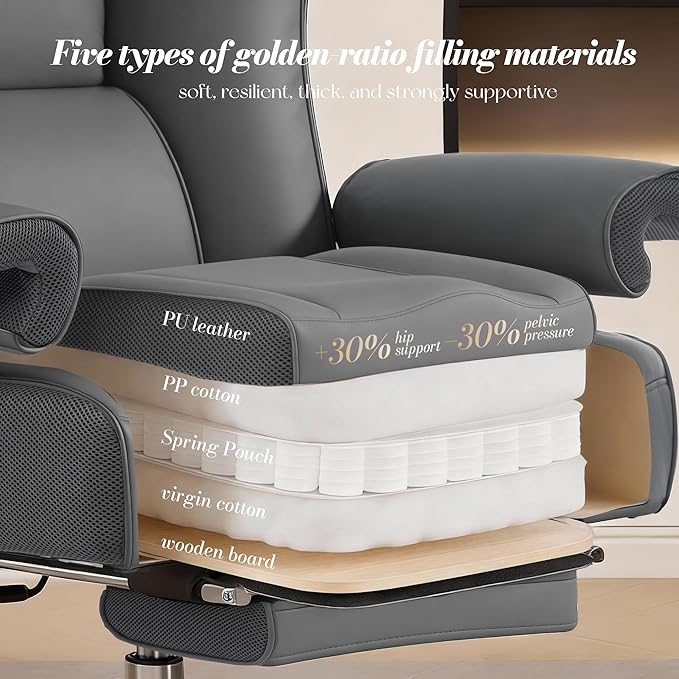Efomao Desk Office Chair, Ergonomic Office Chair with Adjustable Headrest & Lumbar Support, PU Leather Back Computer Desk Chair for Home Office or Gaming, Swivel Height Adjustable Task Chair
