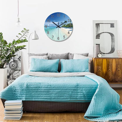 XFM Blue Beach Wall Clocks Battery Operated 12 Inch Round Glass Silent Wall Clock Coastal Nautical Wall Clocks for Living Room Bedroom Kitchen Decor