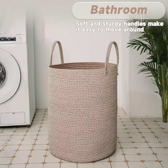 JMvicyroam Large Woven Laundry Basket Hamper,60L Cotton Rope Storage Bin for Blankets,Toys and Clothes,Decorative Tall Nursery Hamper for Living Room,Baby Nursery,Bathroom and Bedroom,Oatmeal