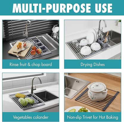 HAVENITY™ Expandable Roll Up Dish Drying Rack - Adjustable Up to 22.75" with 2 FREE Attachments & 2 Removable Baskets, 304 Stainless Steel Over The Sink dish Drying Rack Cover Kitchen Sink Accessories