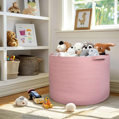 MEGASKET 115L Oversized Pink Basket, 23.6"x15.7" Woven Cotton Rope Bin with Handles, XXXL Blanket Storage for Living Room, Kids Toy Storage Bin Box, Baby Laundry Basket for Organizing, Pink Room Decor