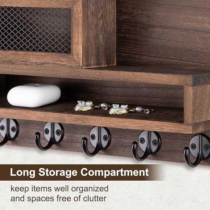 Key Holder for Wall, Mail Organizer Wall Mount with Storage Compartment and 5 key Hooks for Coat, Dog Leash, Stylish Mesh Mail Holder, Home Decor Entry Way Organizer