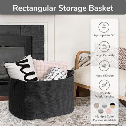 Goodpick Extra Large Storage Basket, 23.6" x 15.7" x 13.8" Rectangle Cotton Rope Basket for Blankets, Pillows, Toys, Woven Dirty Clothes Baskets for Laundry, Black