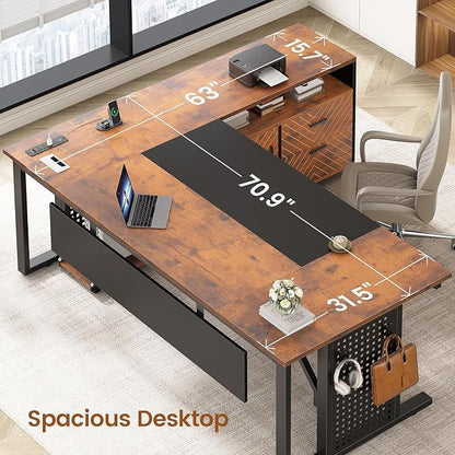 SEDETA 71" Executive Desk with Rolling File Cabinet, Large Office Desk with Drawers, L Shaped Computer Desk with Power Outlets, CPU Stand, Pegboard and Storage Shelves, Rustic Brown