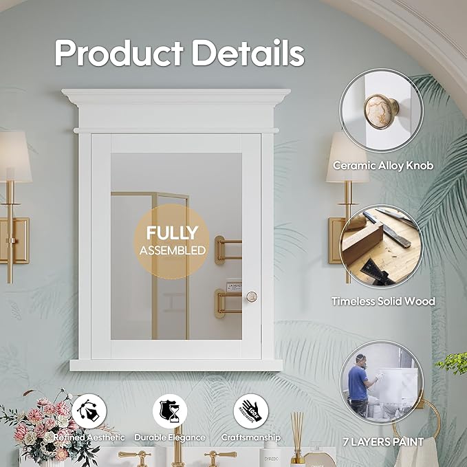 WELLFOR 26"x 32" Bathroom Medicine Cabinet with 3-Tier Adjustable Glass Shelves, Recessed Solid Wood Medicine Cabinet with Mirrors and Soft-Close Door