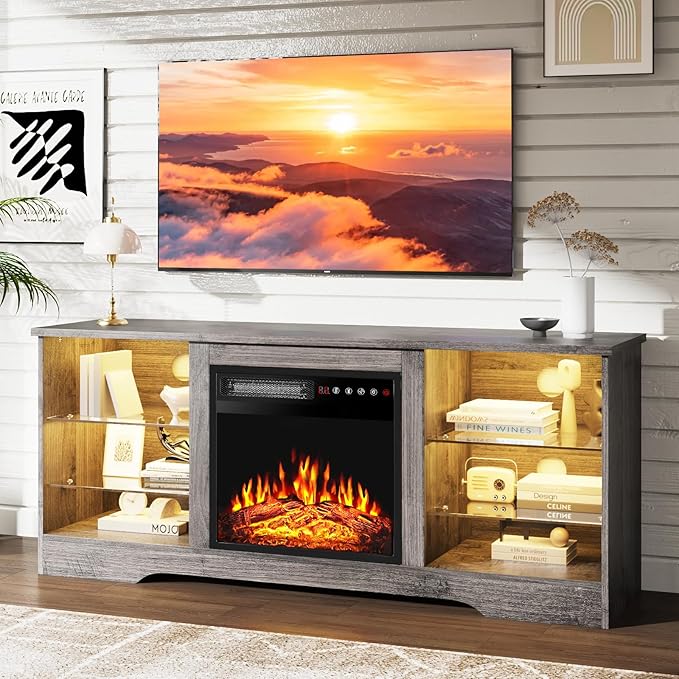 PRETZI Fireplace TV Stand with 18" Fireplace Up to 65" TVs, 58" Entertainment Center with LED Lights, TV Media Console with Adjustable Glass Shelves and Storage Cabinets for Living Room, Grey