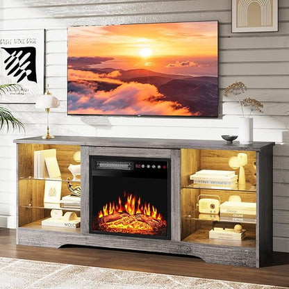 PRETZI Fireplace TV Stand with 18" Fireplace Up to 65" TVs, 58" Entertainment Center with LED Lights, TV Media Console with Adjustable Glass Shelves and Storage Cabinets for Living Room, Grey
