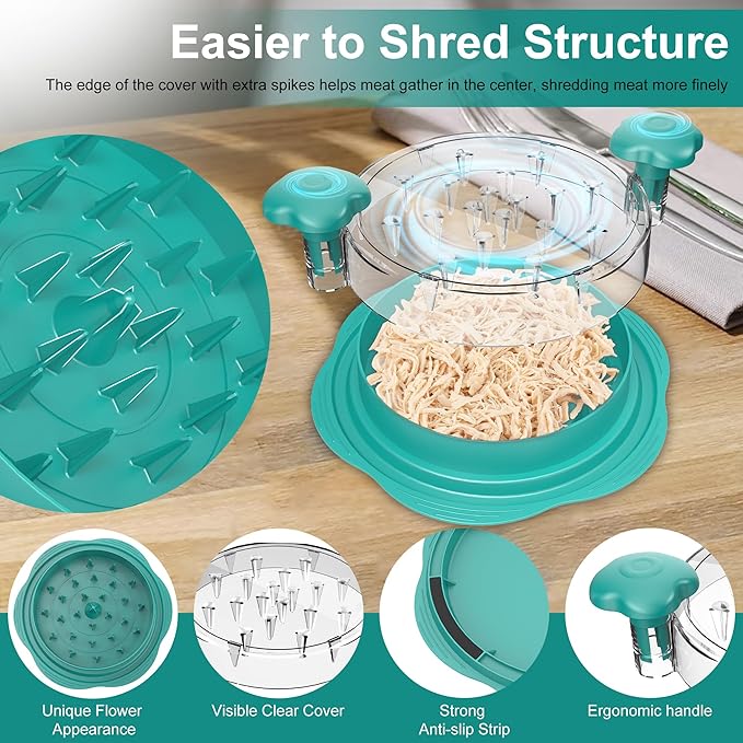 SURETIVIAN Chicken Shredder Tool Twist Large Chicken Breast Shredder with Brush&Fork, Visible Meat Shredder Machine, Anti-Slip Strip, Ergonomic Handle, BPA Free, Pork Beef Chicken (Teal)
