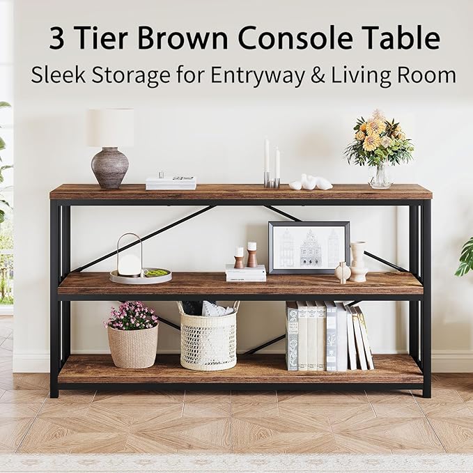 LVB Rustic 3 Tier Entryway Table, Industrial Long Wood Sofa Table Behind Couch,Farmhouse Narrow Console Table with Storage Shelf, Modern Hallway Entry Table for Foyer Living Room, Rustic Brown, 63