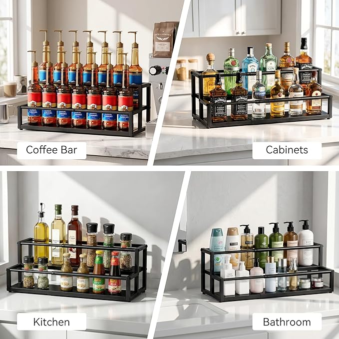 Nuovoware Expandable Coffee Syrup Organizer, 2-Tier Syrup Rack Holds 10-16 Bottles, Adjustable Width Carbon Steel Coffee Bar Organizer for Countertop Kitchen Bar, Liquor Dressing Seasoning, Black