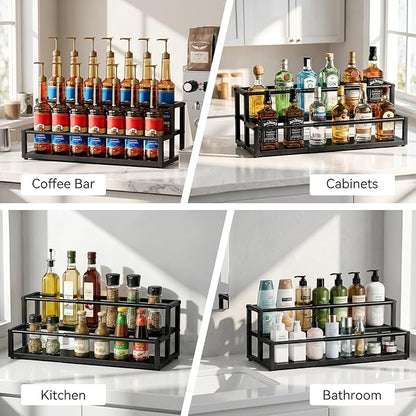 Nuovoware Expandable Coffee Syrup Organizer, 2-Tier Syrup Rack Holds 10-16 Bottles, Adjustable Width Carbon Steel Coffee Bar Organizer for Countertop Kitchen Bar, Liquor Dressing Seasoning, Black