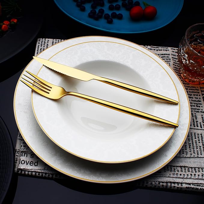CHAAMFORGE 20 Piece Luxury Silverware Set for 4 Gold Mirror-Polished 18/10 Stainless Steel Heavy Flatware Set Modern Cutlery Set Knife/Fork/Spoon with Gifts for Home & Restaurant