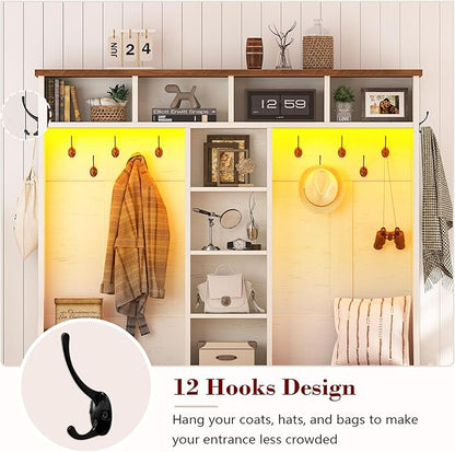 Hall Tree with Bench and Shoe Storage, Farmhouse Entryway Bench with Coat Racks and Led Lights, Large Hall Tree with 12 Coat Hooks, 8 Storage Cubbies, Adjustable Shelf