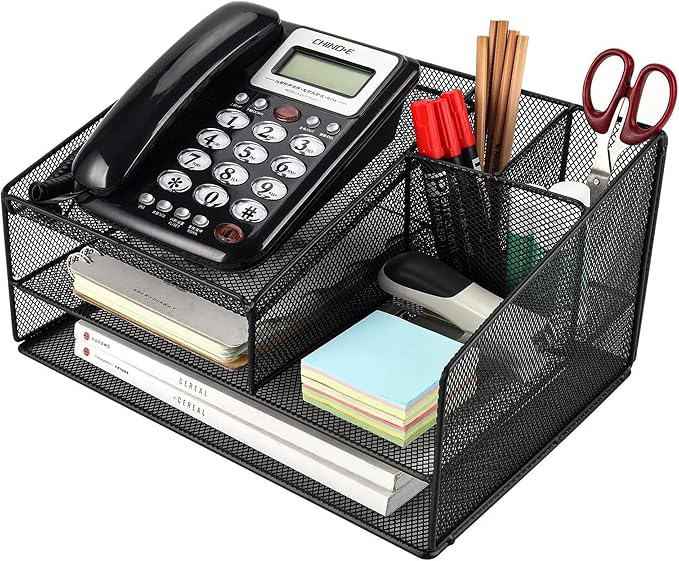 Phone Stand for Desk with 2 Pen Holder, Metal Mesh Desk Organizer with Telephone Holder, 3 Tier Office Storage Desktop Organizer for Workspace, Home, School, Black