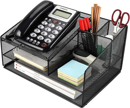Phone Stand for Desk with 2 Pen Holder, Metal Mesh Desk Organizer with Telephone Holder, 3 Tier Office Storage Desktop Organizer for Workspace, Home, School, Black