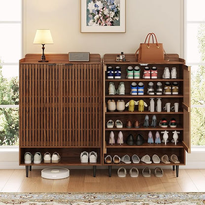 7-Tier Shoe Cabinet with Doors, 21 Pairs Entryway Storage Cabinet, Wooden Shoe Organizer with Adjustable Shelves, Farmhouse Free Standing Shoe Cabinet for Hallway, Living Room (Walnut Brown)