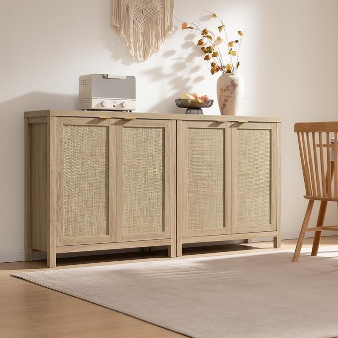 SICOTAS Rattan Cabinet Sideboard Buffet Storage Cabinet - 3 Pieces Farmhouse Boho Credenza Coffee Bar Cabinet with Rattan Decorated Doors for Kitchen Living Room - Light Oak
