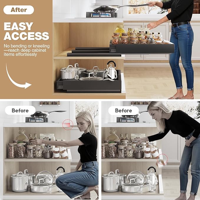 Seinloes Pull Out Cabinet Organizer, 4-Side Expandable to Fit Most Cabinets, 3 Rail Slide Out Drawers with Raising Pad for Framed & Frameless Cabinets, 13"-21" W x 17"-24" D, Black, 2 Pack