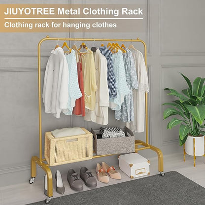JIUYOTREE Metal Clothing Rack with Wheels 43.3 Inches Rolling Clothes Garment Coat Rack with Bottom Shelf Clothing Rack for Hanging Clothes Coats Skirts Shirts Sweaters Gold