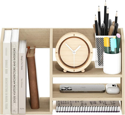 Furinno Hermite Desk Organizers, Office Organization with Accessories and Vertical File Holder, Desktop Book Shelf, for Office Supplies, Desk Accessories, for Study Room, Dorm, Natural Oak