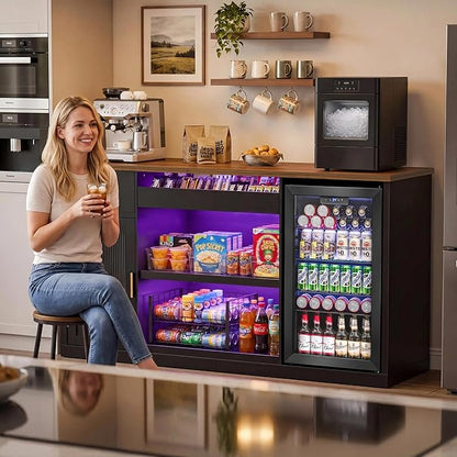 GDLF Snack Bar Cabinet with Fridge Space, 70.1" Snack Organizer with Storage and Candy Display Shelf, Coffee Station for Home Theater or Game Room with LED Lights, Black