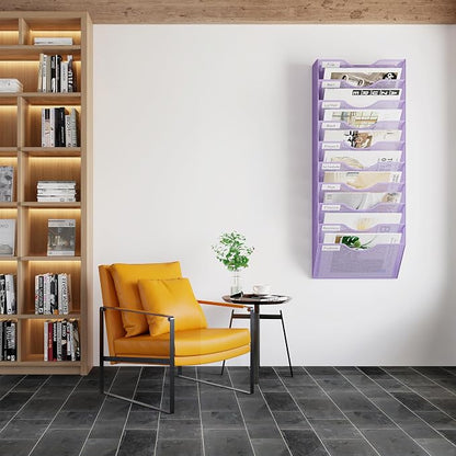 EasyPAG 10 Pocket Mesh Wall File Organizer, Hanging Paper Folder Holder with Classify Label, Vertical Wall Mount Mail Organizer for Office Home Classroom, Purple