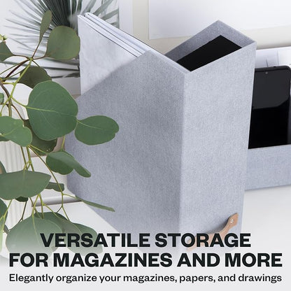Bigso Estelle Magazine File - Magazine Holder and Organizer for Papers and Catalogs with Leather Handle - Magazine File Holder for Office Desks - 12.6 in x 4.5 in x 9.8 in - Ash Ballard