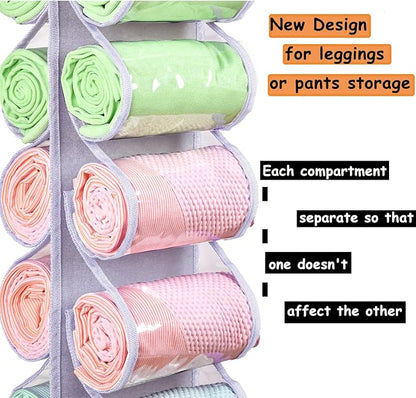 Legging Storage Bag Storage Hanger Can Holds 24 Leggings or Shirts Jeans Compartment Storage Hanger, Foldable Leggings Organizer Clothes Portable Closets Roll Holder (Light Purple)
