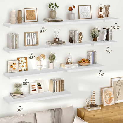 Vivelove 10 in Deep Floating Shelves for Wall, 55" x 10.2" x 1.5" Shelves for Room Wall Mounted, 1.5 Inch Thick Shelf for Bathroom Bedroom Kitchen Book Room, Modern Farmhouse Decor, Set of 2, White