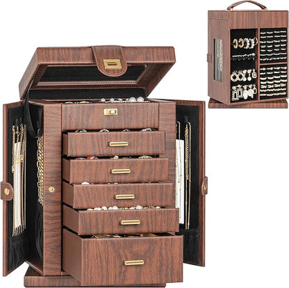 AKOZLIN 360° Rotating Jewelry Box 6-Tier Organizer Functional Jewelry Storage Case for Women Girls Ring Necklace Earring Bracelet Holder with Mirror Red Brown