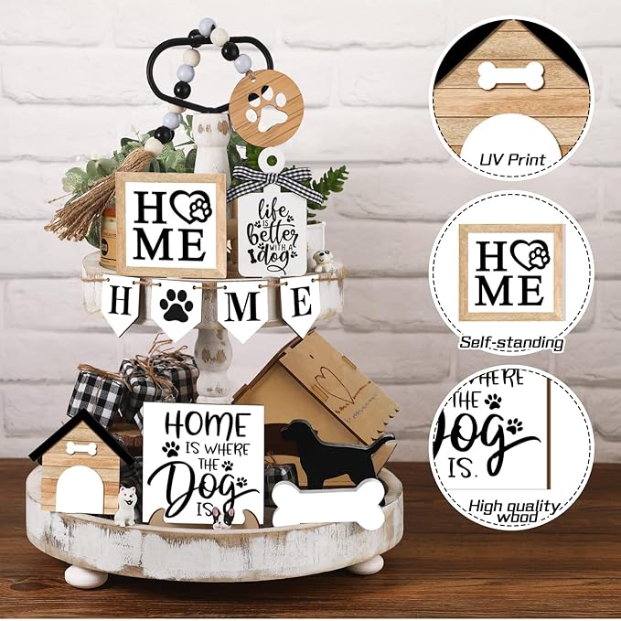 11 Pcs Dog Tiered Tray Decor Dog Home Rustic Farmhouse Tiered Tray Decorations Set Home Wooden Signs Vintage Farm Animal Farmhouse Tabletop Wood Signs for Kitchen Table Shelf Decor