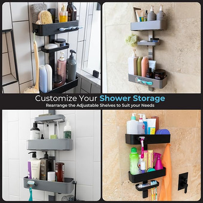 ShowerSMART Rust Resistant Hygienic Shower Caddy – Hanging Bathroom Organizer with Adjustable Shelves, Easy Clean Trays & Magnetic Hooks for DIY Remodels & Shower Niches - Black