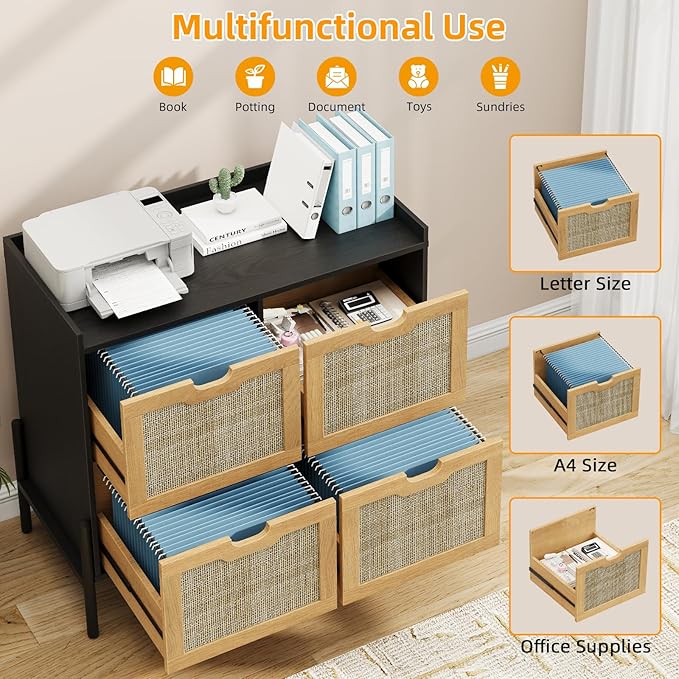 4 Drawer File Cabinet, Rattan Lateral Filing Cabinet Fits Files Letter or A4 Size, Wooden Printer Stand for Home Office, Oak and Black