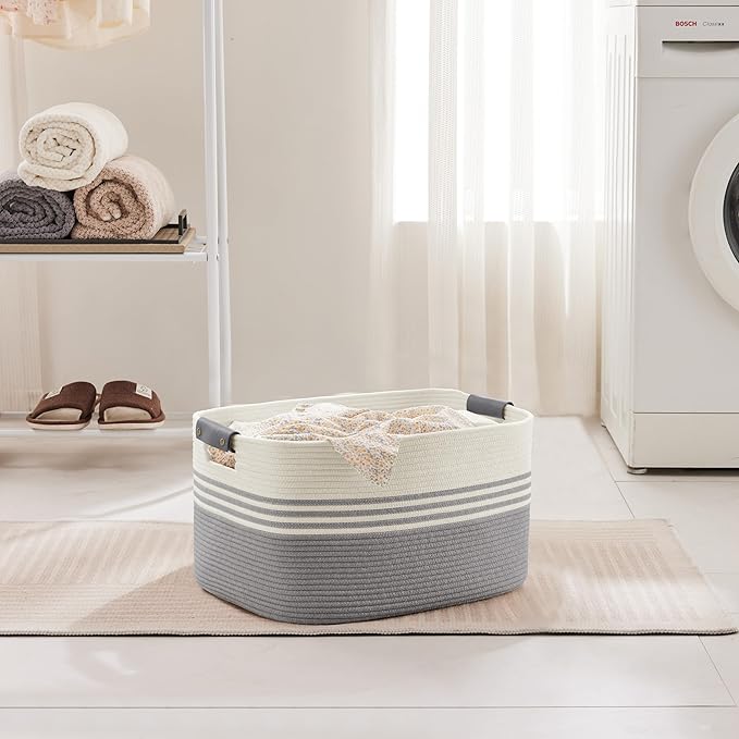 SunNewt 45L Small Laundry Basket with Leather Handles for Living Room Storage, Woven Rope Baskets Bin for Blanket, Kids Toy, Gifts, Wicker Hamper for Bedroom Dirty Clothes, 18"x14"x11" White Grey