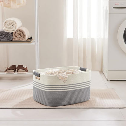 SunNewt 45L Small Laundry Basket with Leather Handles for Living Room Storage, Woven Rope Baskets Bin for Blanket, Kids Toy, Gifts, Wicker Hamper for Bedroom Dirty Clothes, 18"x14"x11" White Grey
