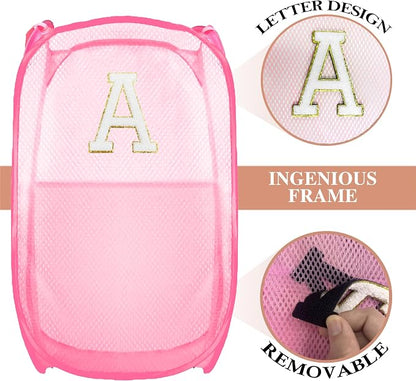Collapsible Pop Up Laundry Hamper, Extra Large with Removable Initial Letter A, Mesh Foldable Laundry Basket, 28" x 16" x 16" (Pink)