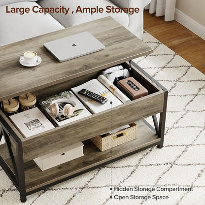 Memobarco Lift Top Coffee Table,Lift Coffee Table with Storage Shelf and Large Hidden Compartment for Living Room,Lifting top Coffee Tables for Small Space,Grey