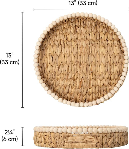 StorageWorks Round Decorative Trays for Home Decor Farmhouse, Wicker Coffee Table Tray Decor with Wooden Beads and Handles, Woven Dining Room Decor Tray for Kitchen Counter,Living Room,Bedroom